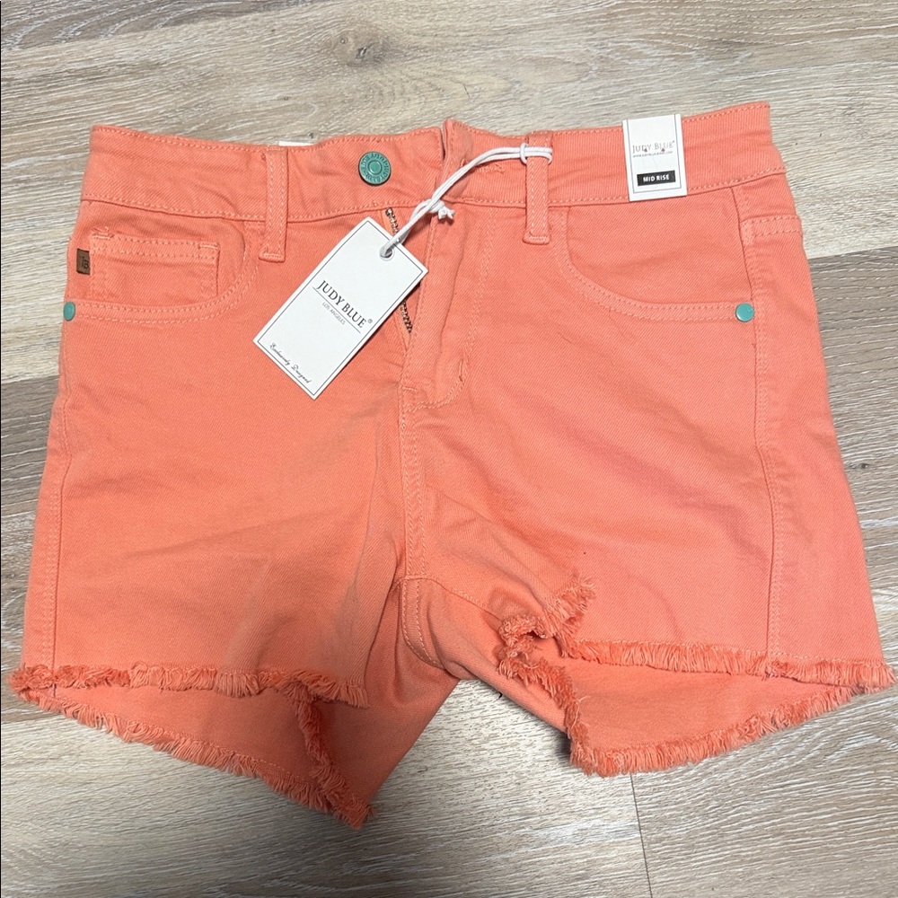 Judy Blue Coral / Salmon Frayed Hem Denim Shorts